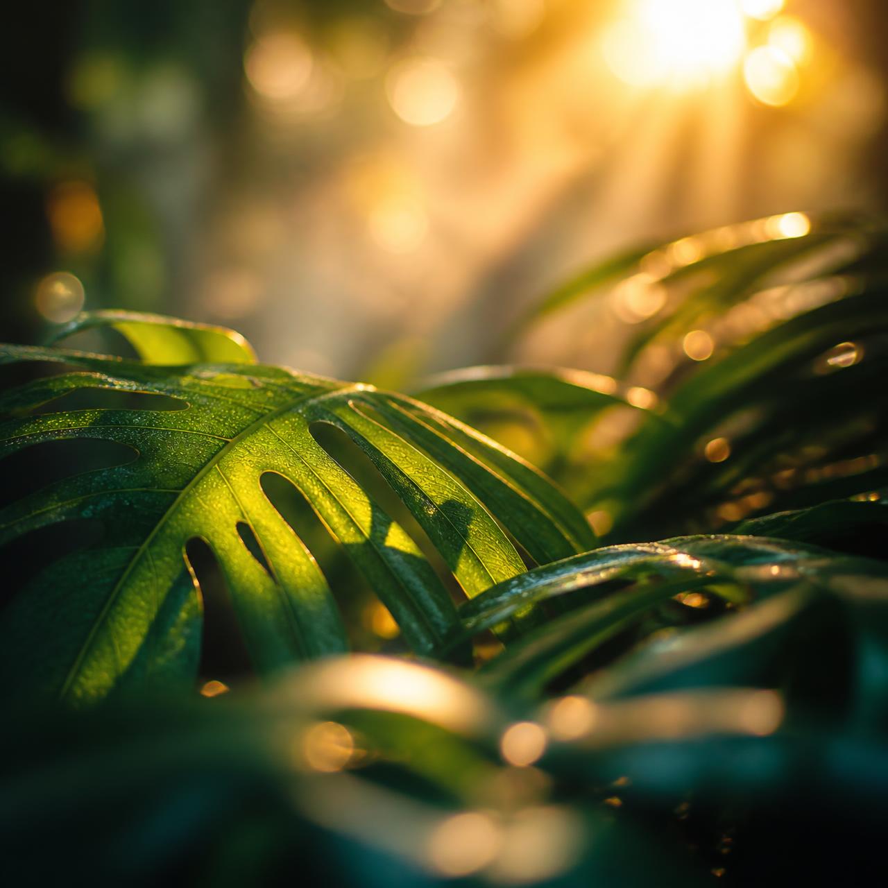 Luz dorada filtrándose entre hojas tropicales